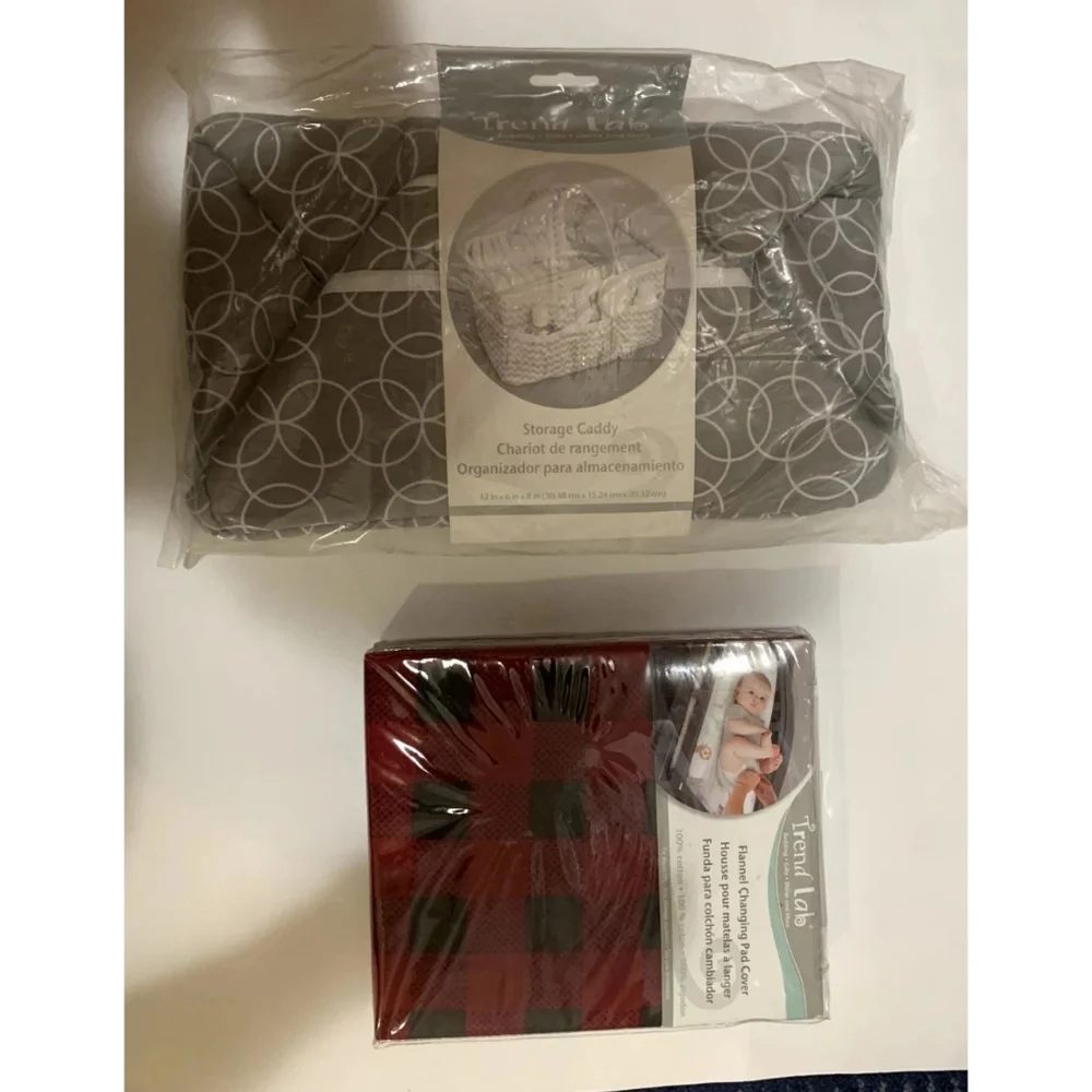 SET OF 2 TREND LAB STORAGE CADDY GRAT AND CHANGING COVER PADS BUFFALO CHECK BABY
